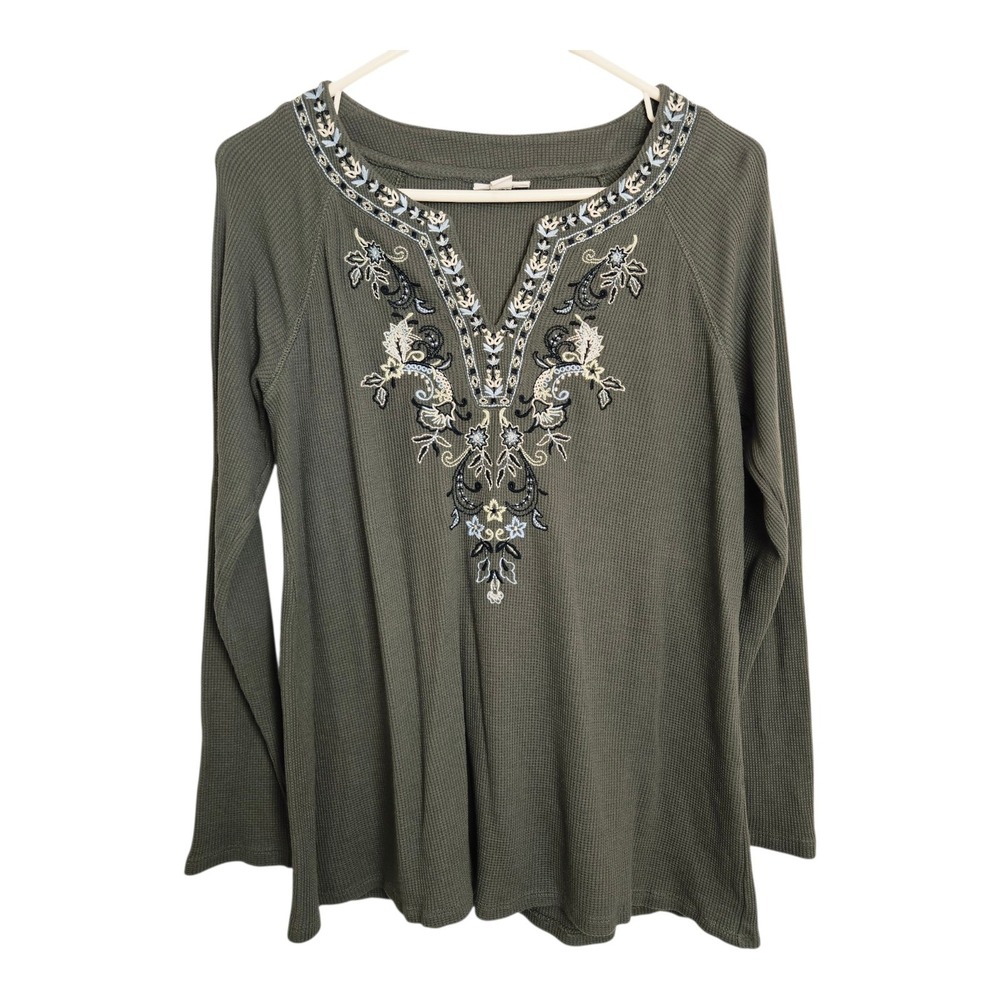 J.Jill Blouse Size XS Embroidered Waffle-Knit Raglan Tee Top in Corianderโ Green